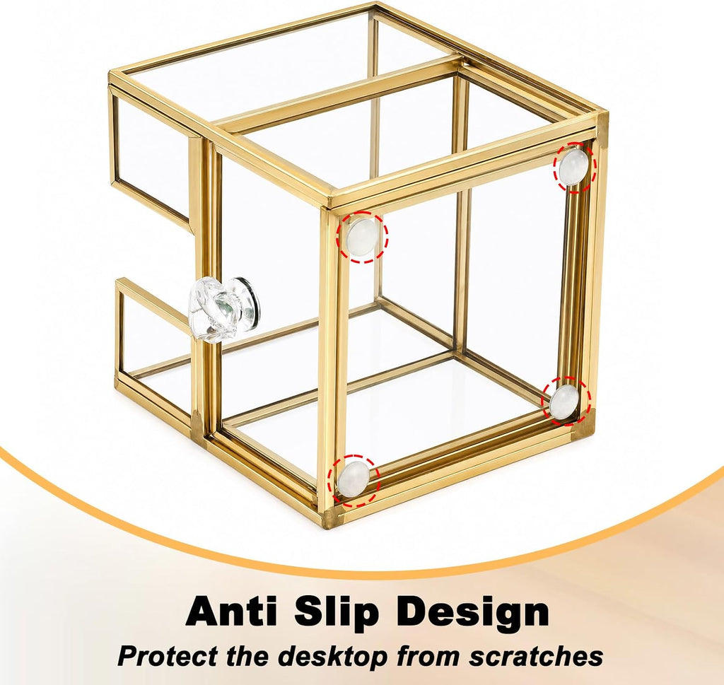 BTSKY Golden Glass 3x3 Inch Sticky Note Holder with Drawer, Elegant Post It Note Dispenser with Non-Slip Pads Clear Notepad Holder for Desk Organization Planning, Home Office Decor