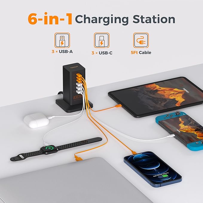USB C Charger Blcok PD 100W, TESSAN 6-in-1 Charging Station - Image 2