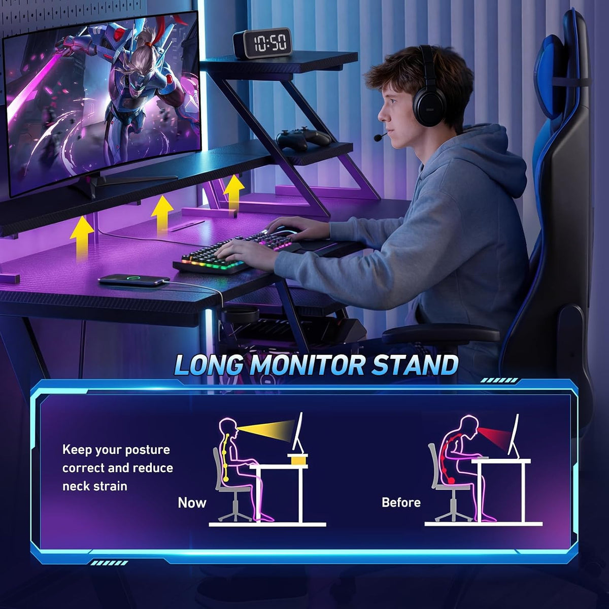 Korfile 40 Inch Gaming Desk with LED & Power Outlet, Carbon Fiber Black