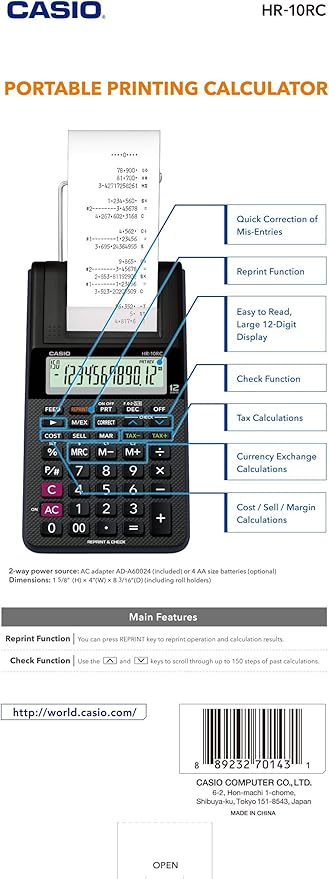 Casio HR-10RC Mini Desktop Printing Calculator | Portable | 12-Digit Display | - Image 5
