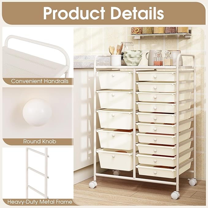 COSTWAY 15-Drawer Rolling Storage Cart, Mobile Utility Cart - Image 6