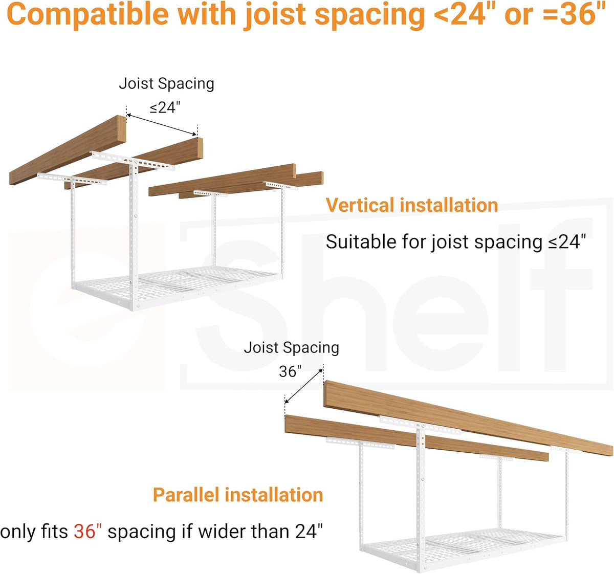 3x6ft overhead ceiling garage storage rack, 450lbs capacity, side view