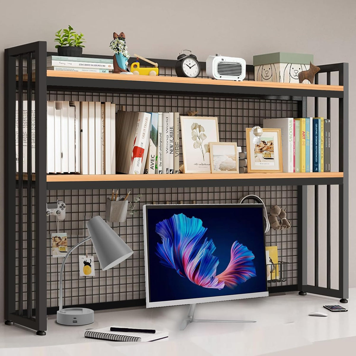 Desktop Hutch Bookshelf Metal Desk Shelf, 2-Tier Storage Display Shelf for Co...
