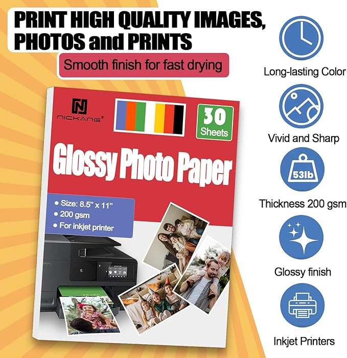 NICKANG Glossy Photo Paper 8.5x11, 53 LB/200 gsm, 30 Sheets, Letter Size - Image 6