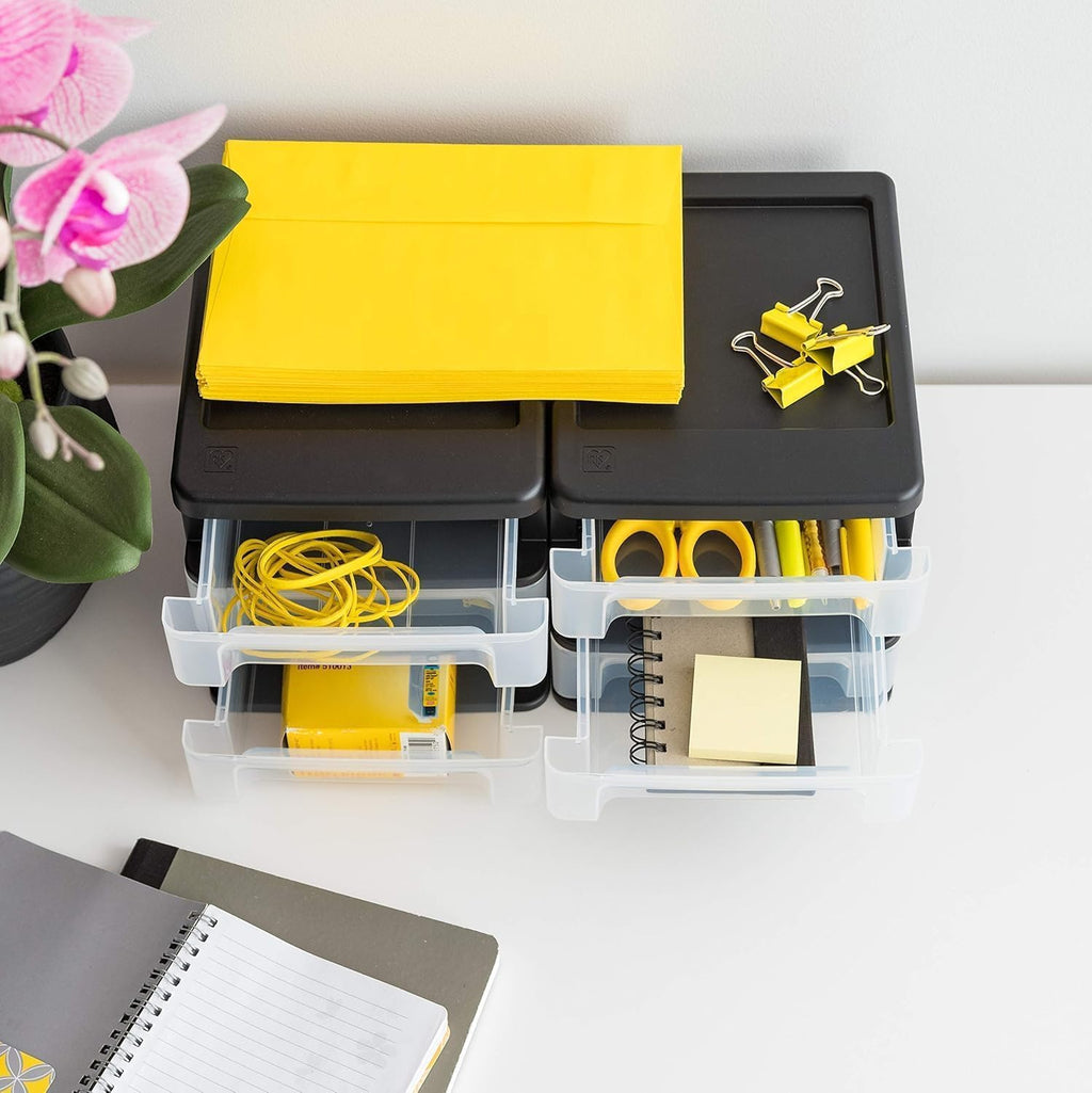 iris usa 4-pack, 3-drawer small plastic stacking desktop, front angle view