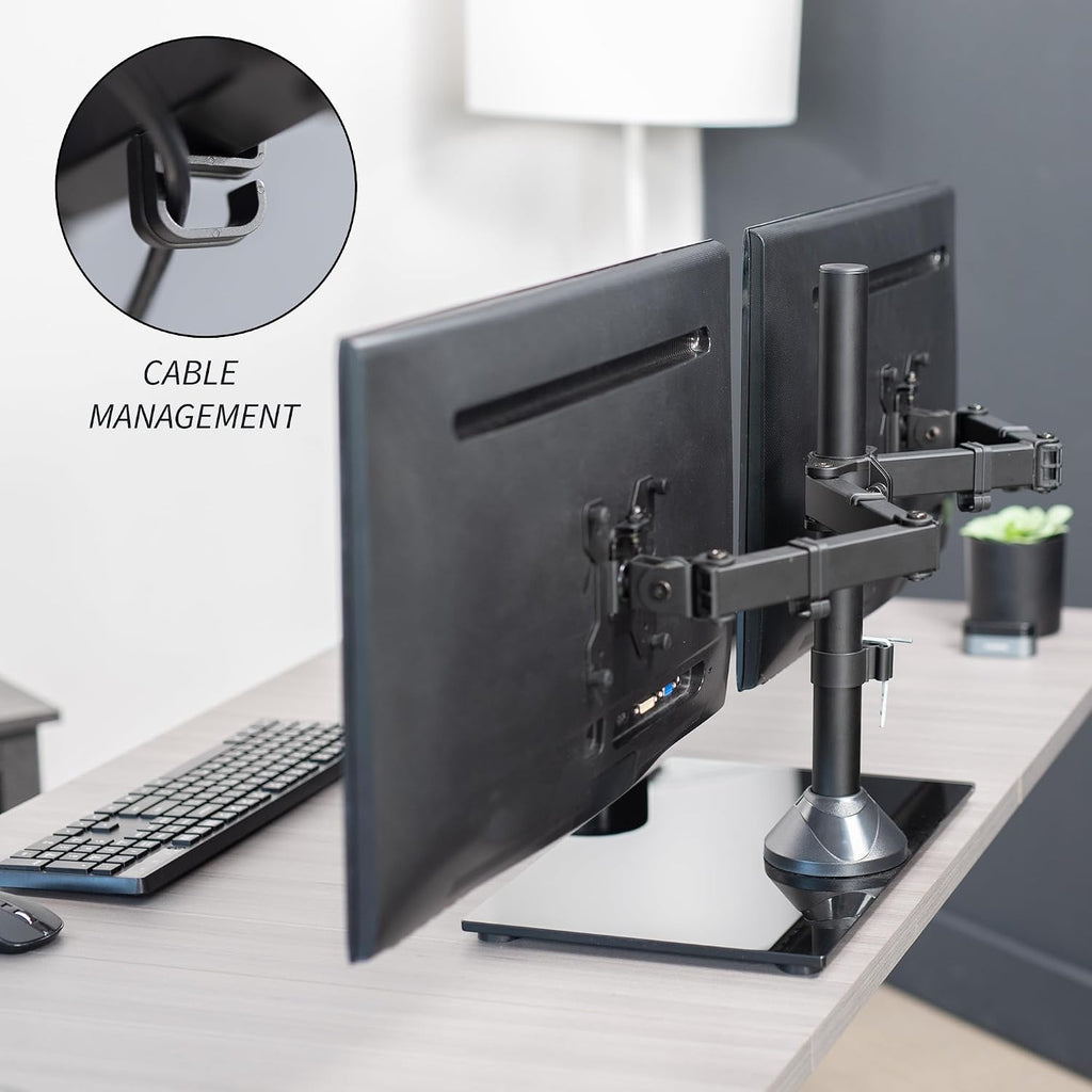 vivo freestanding dual monitor stand with sleek glass, front angle view