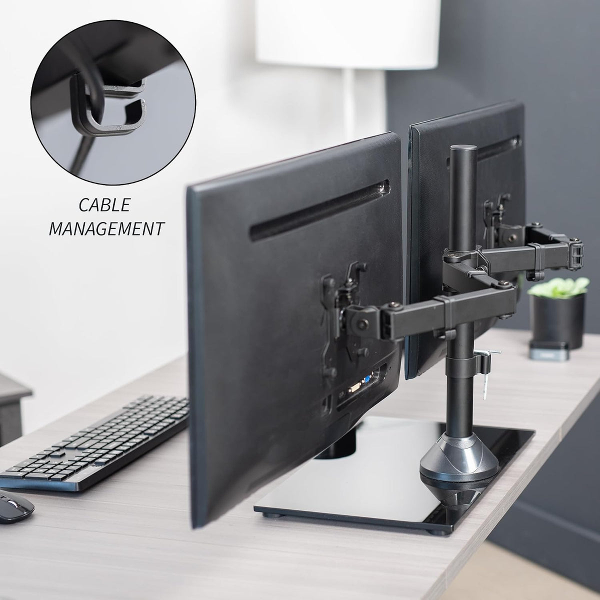 vivo freestanding dual monitor stand with sleek glass, front angle view