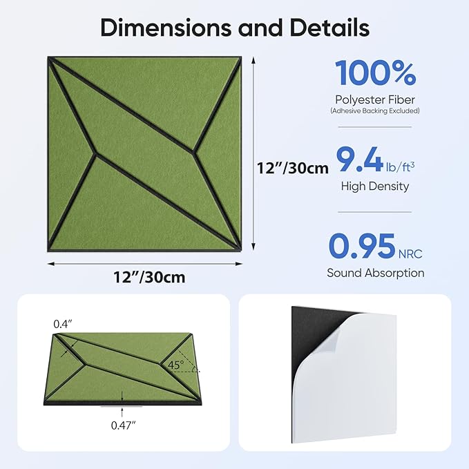 UNECHO 12 Pack 12" X 12" X 0.47" Acoustic Panels - Image 3