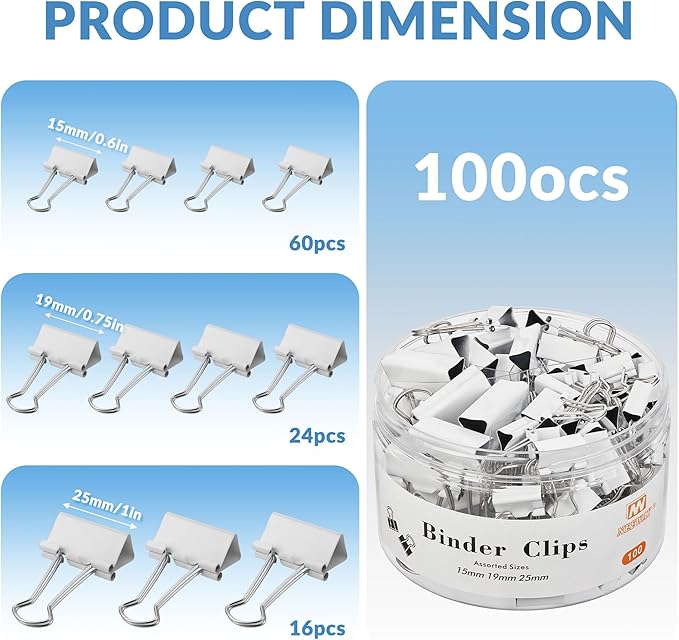 NEEWAY 100 Count Binder Clips Assorted Sizes, Paper Binder Clips, Metal Paper - Image 2