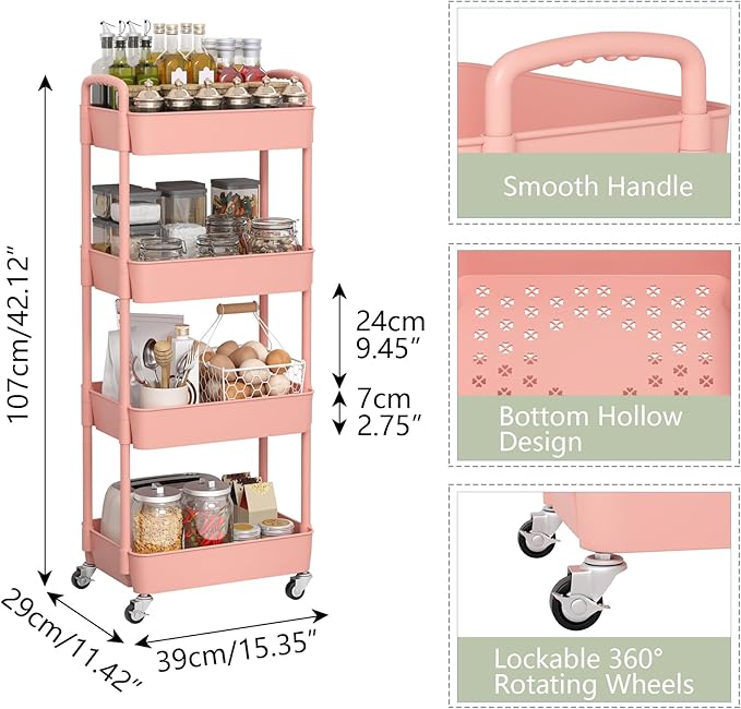 Sywhitta 4-Tier Plastic Rolling Utility Cart - Image 2