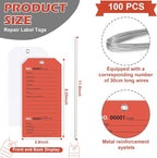100 Pack Red Repair Tags with Wire Rope Service Repair Tags Numbered with Wire - Image 2