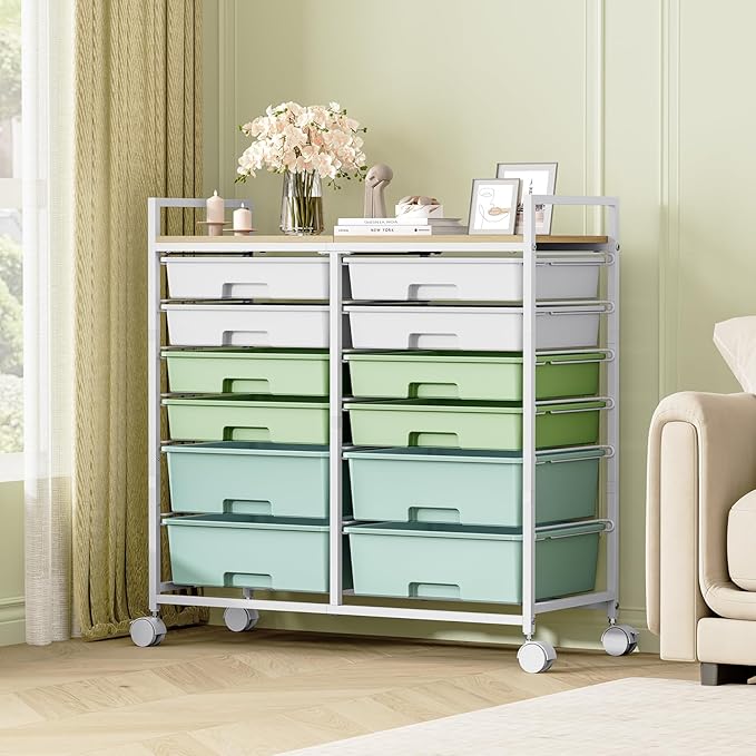 Rolling Storage Cart with 12 Drawers, Wooden Tabletop Utility Cart - Image 2