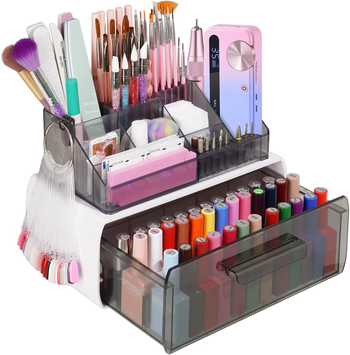 2-Tier Nail Tech Desk Organizer with Drawer for Polish, Brushes, Drill Bits