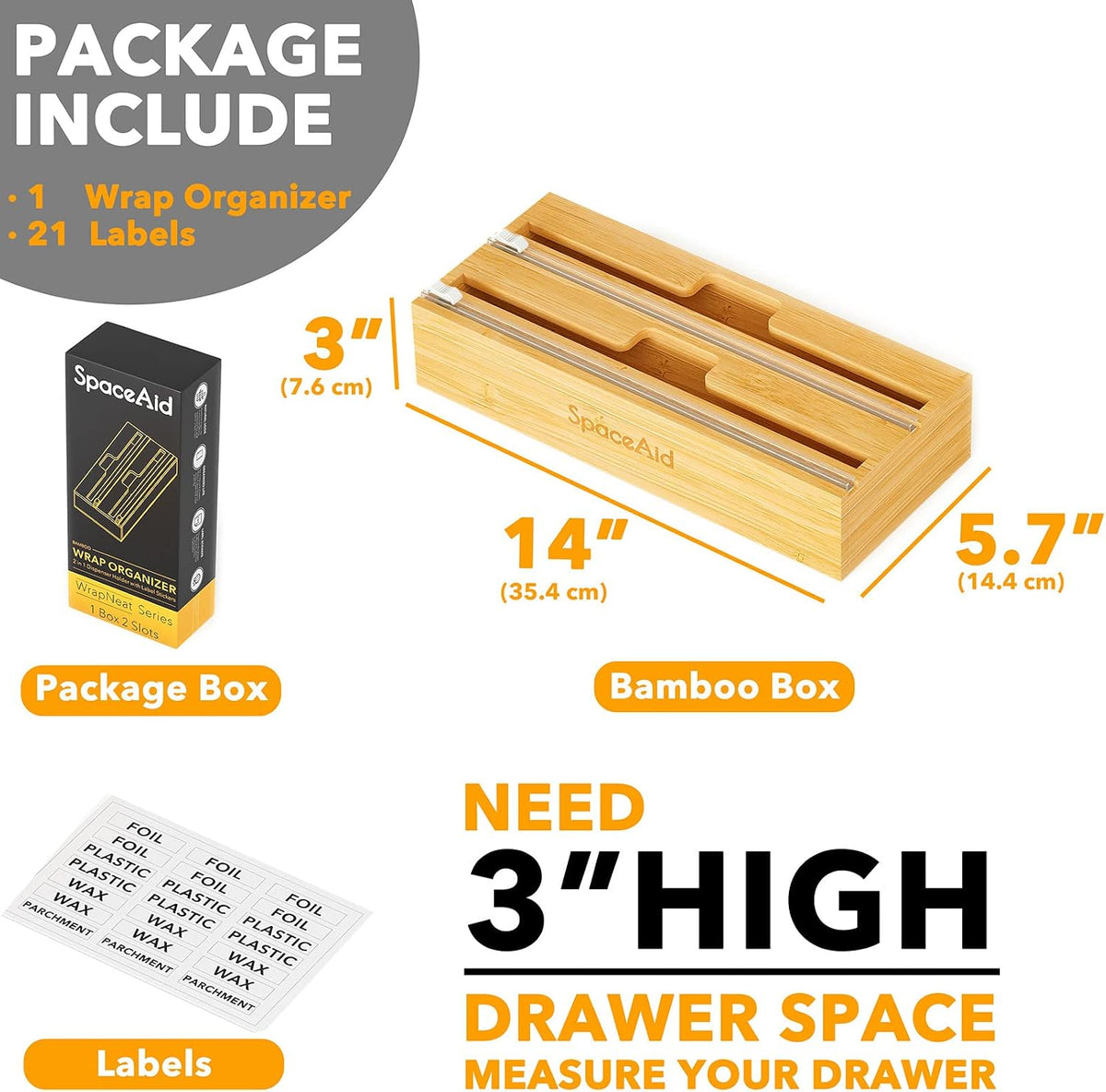 SpaceAid WrapNeat 2 in 1 Wrap Organizer with Cutter and Labels, Plastic Wrap,...