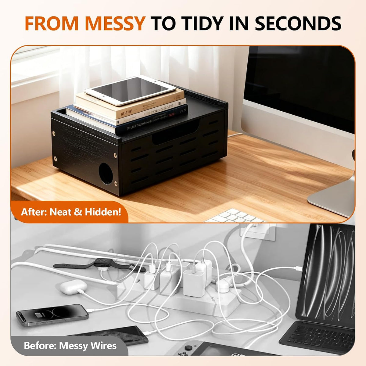 Wooden Cable Management Box - A Stylish Cable Storage Box, Suitable for Power...