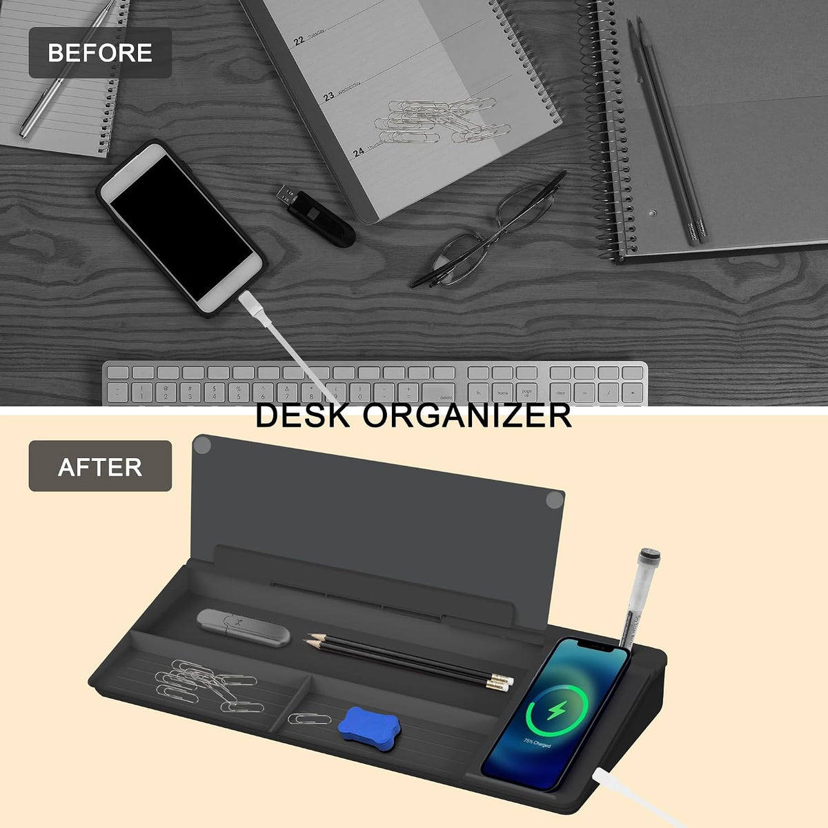 selead desktop glass whiteboard with wireless charger and, front angle view