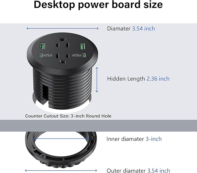 Desktop Power Grommet 3-inch Hole, 40W Total Fast Charging Station, 2 PD 20W - Image 4