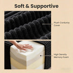 25.6" boneless ottoman for couch, plush corduroy foot showing dimensions