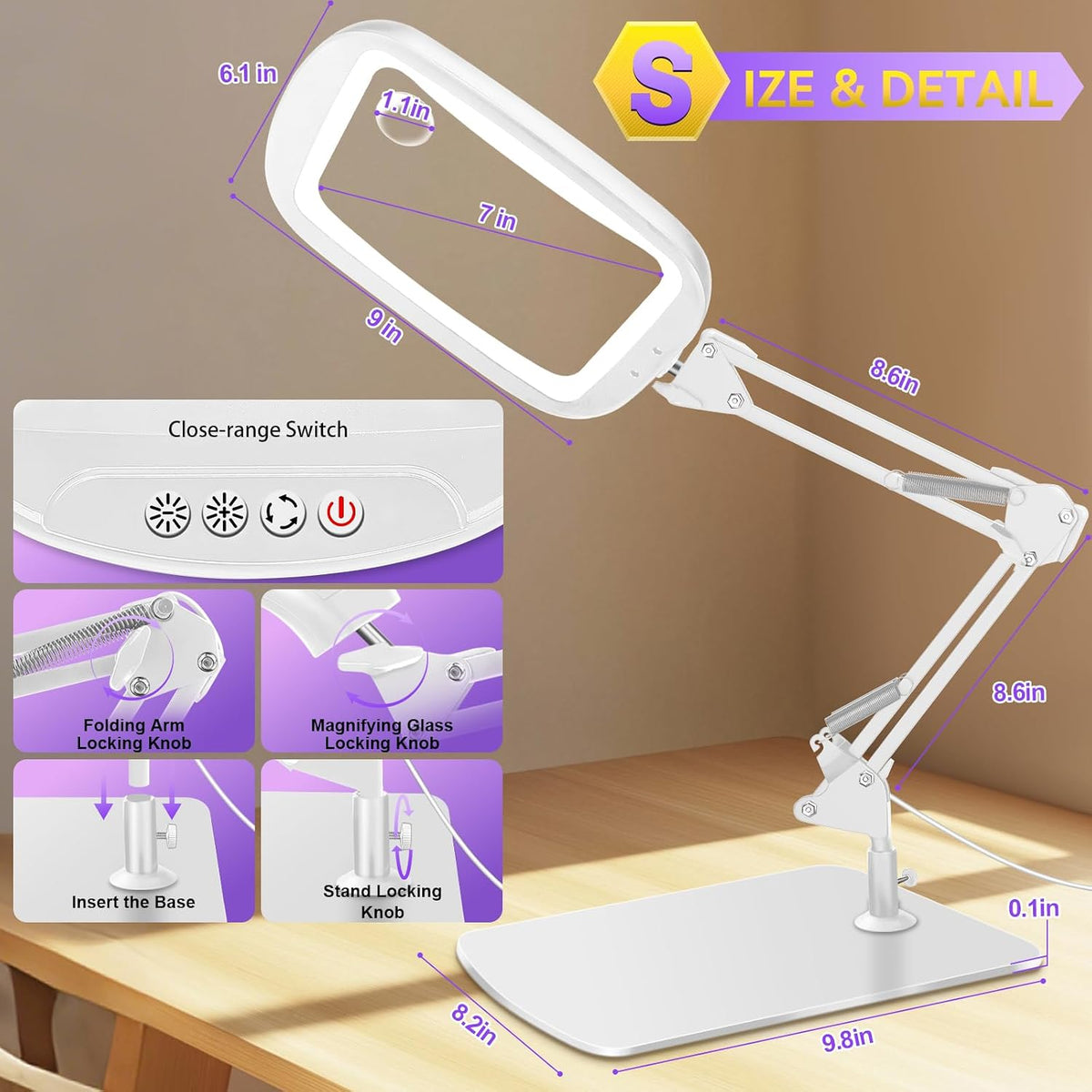 10X 30X Extra Large Magnifying Glass with Light and Stand 7-inch