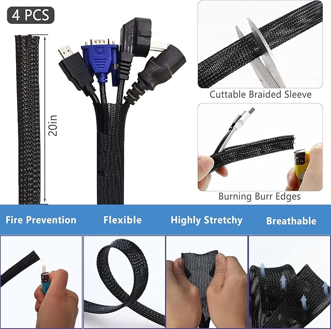 ELII 300PCS Cable Management Kit, 4 Cable Sleeve 35 Cable Clips - Image 3