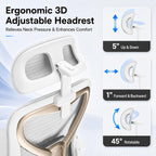 Ergonomic Office Chair for Back & Neck Pain Relief, Virgin Foam Seat, 2D Adjustable Lumbar & 3D Headrest, Tilt & Rock for Relaxation, Ideal for Long Sitting Comfort, White/Gold