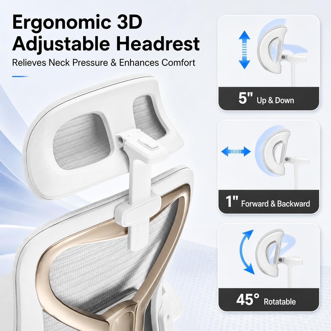 Ergonomic Office Chair for Back & Neck Pain Relief, Virgin Foam Seat, 2D Adjustable Lumbar & 3D Headrest, Tilt & Rock for Relaxation, Ideal for Long Sitting Comfort, White/Gold