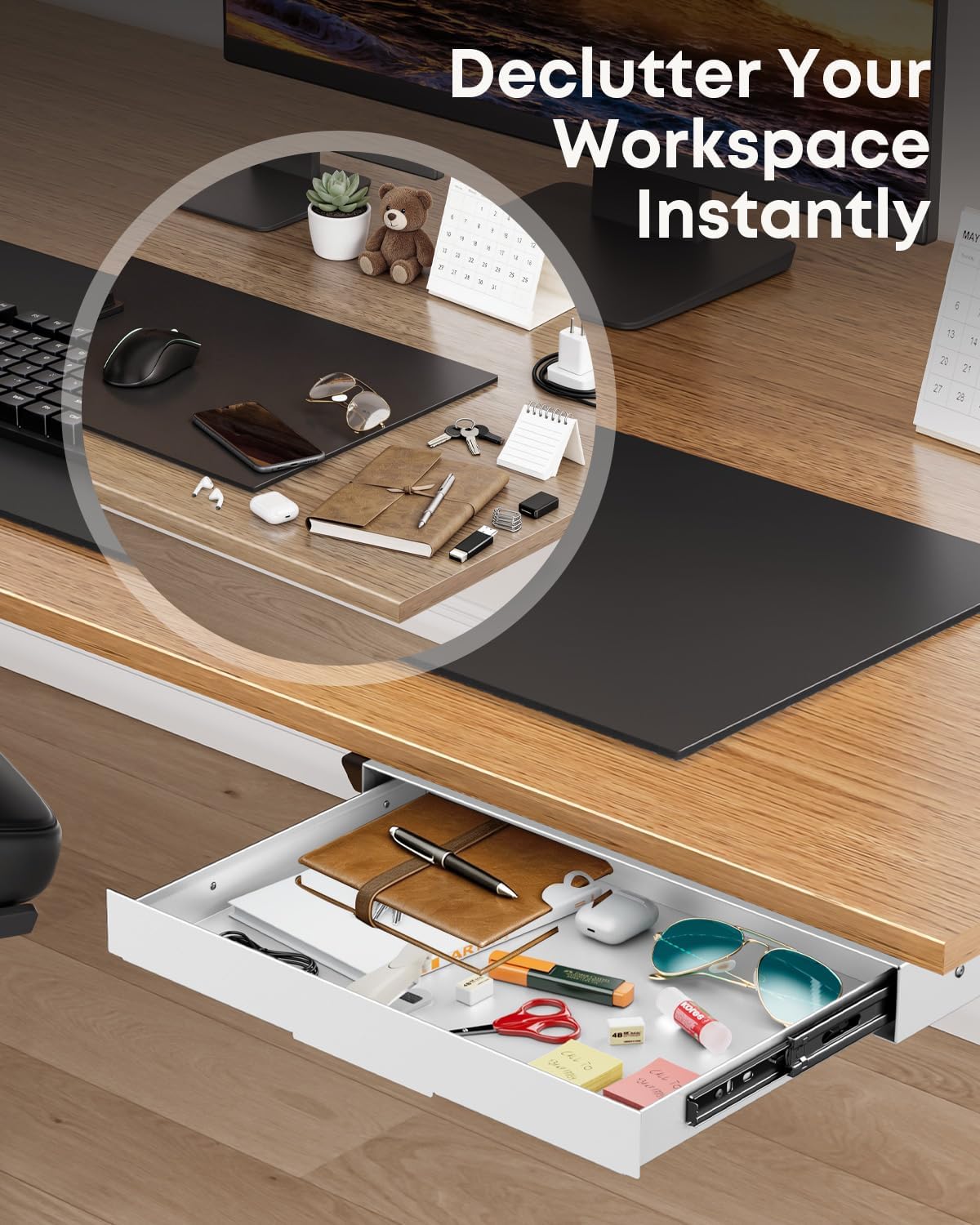 PUTORSEN Under Desk Storage Drawer 14.8" Wide - Smooth Slide Out Organiz...