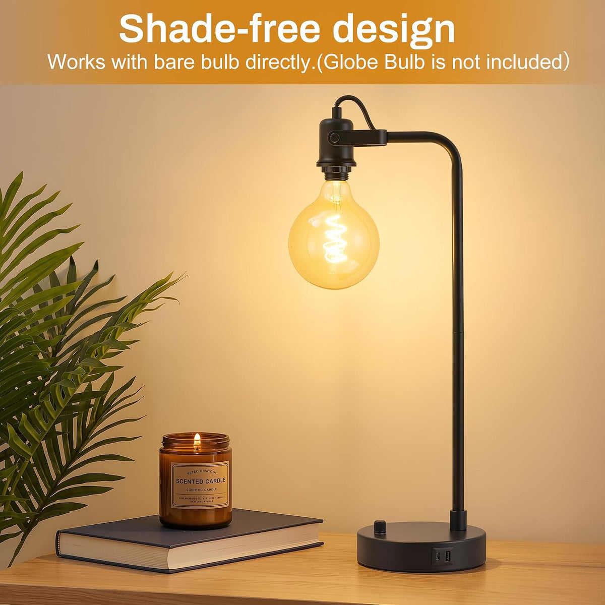 Black Table Lamp Set of 2, USB A+C, 180° Adjustable Bedside Lamps, Dimmable