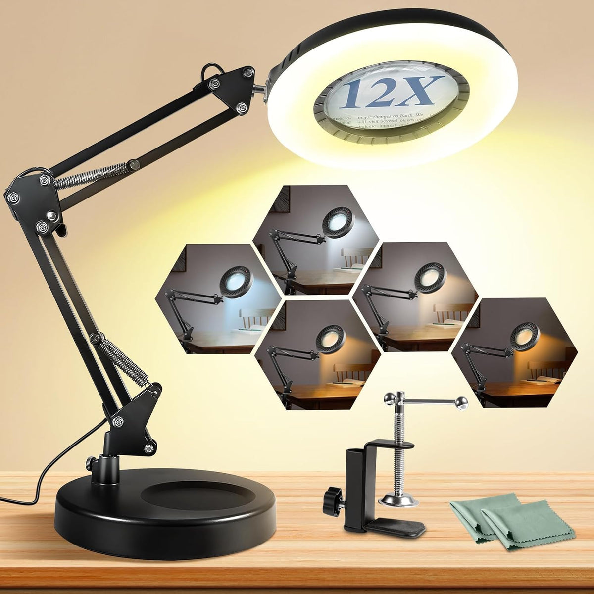 12X Magnifying Glass with Light and Stand, 144 LEDs Brightest Desktop Magnify...