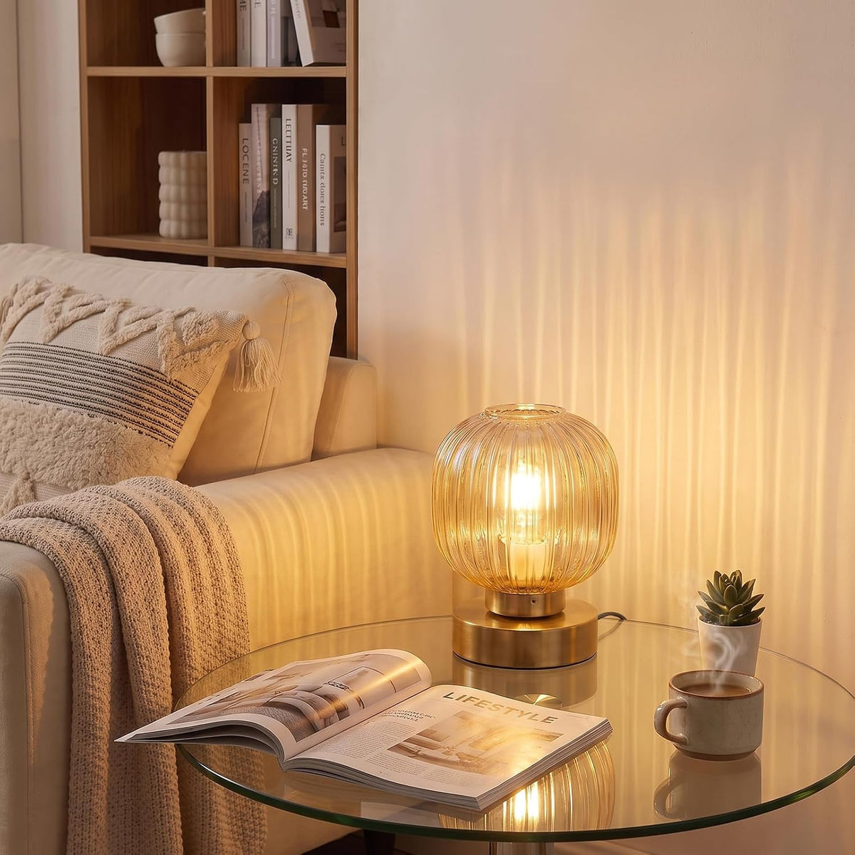 Elenhome Amber Touch Glass Table Lamp, 3-Way Dimmable Bedside Lamp, Vintage M...