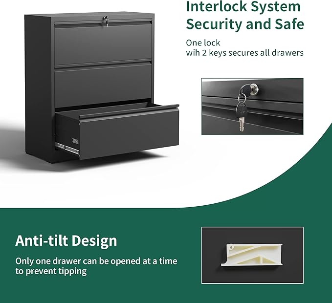 Yukimo 3 Drawer Lateral File Cabinet, File Cabinets - Image 5