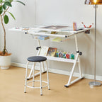 Drafting Table, Height Adjustable Art Tabe with Stool, White | 0-75° Tilting Tempered Glass Tabletop Art Drawing Table with Compartments, Trays, Rack and Drawers for Sketching Painting