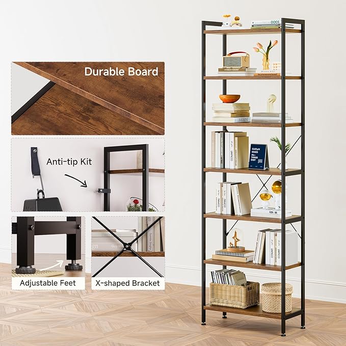 Casaottima Book Shelf, 7 Tier Tall Bookshelf, Modern Wood Bookcase Shelves - Image 4