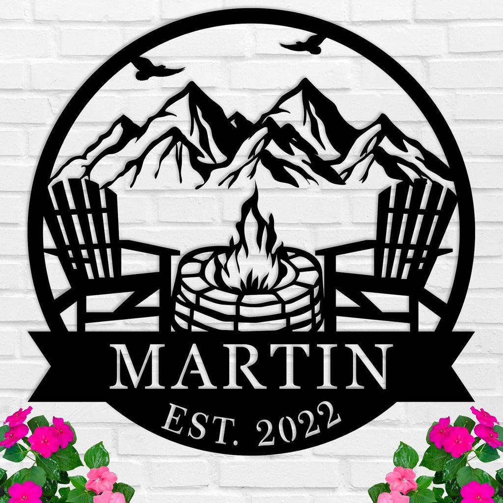Personalized Campfire Family Name Sign, Monogram Name Camping Sign, Mountain