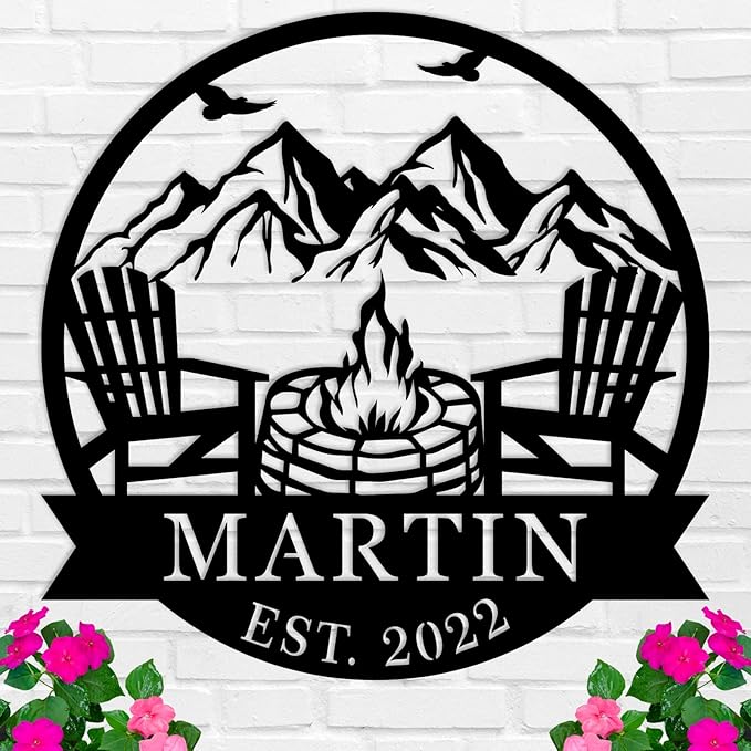 Personalized Campfire Family Name Sign, Monogram Name Camping Sign, Mountain by HRZSIGNFC
