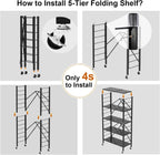 himix 5-tier foldable expandable storage shelves wheels kitchen showing dimensions