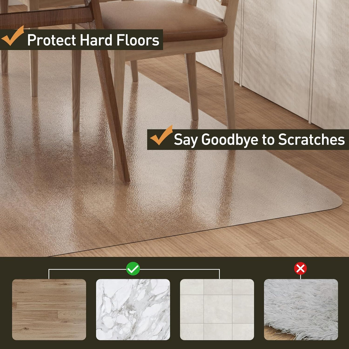 Clear Plastic Area Mat for Under High Chair, 3'×5' No Slip Vinyl Floo...