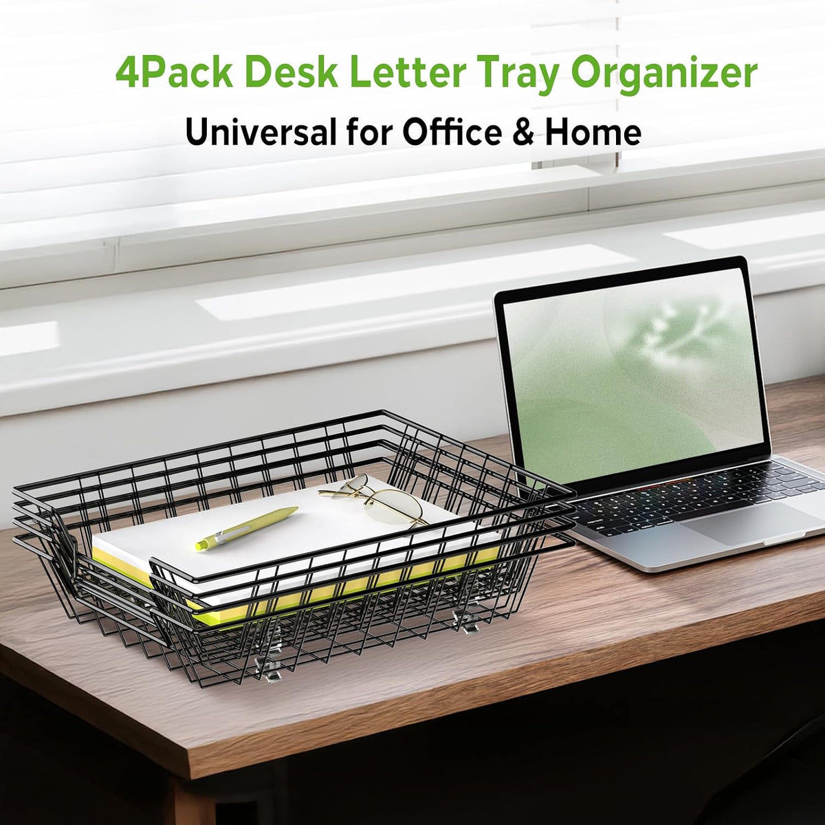 4-Pack Paper Tray Organizer for Desk, Wire Baskets and Letter Trays, Black