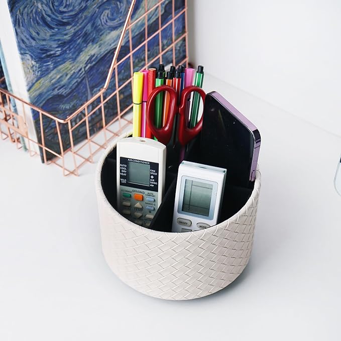 Hennaja Round Leather Art Supply Organizer, Remote Control Holder, 360 Degree - Image 6