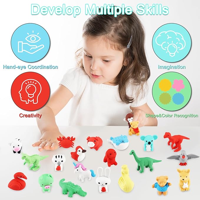 URSKYTOUS 80Pcs Animal Erasers Kids Desk Pets Pencil Erasers 3D Puzzle Eraser - Image 2