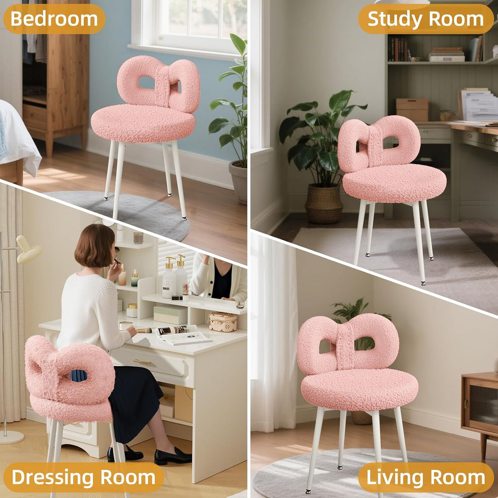 ROOMTEC Swivel Vanity Chair with Back, Upholstered Desk Chair for Girls, Modern Makeup Vanity for Bedroom, Living Room (Pink)