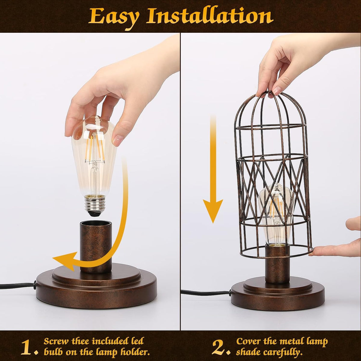 Small Touch Lamp, Industiral Bedside Table Lamp with Antique Bronze Cage
