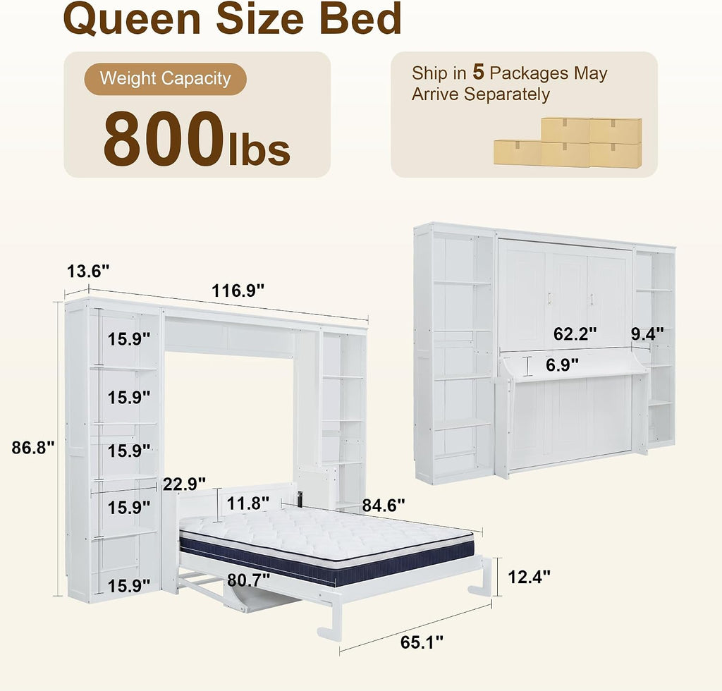 Olela Murphy Bed Queen Size with Mattress Desk and Bookcase, Vertical Murphy Wall Bed Cabinet Desk and Bookshelf Storage Combo, Space Saving Hideaway Beds for Home Office Guest Room, White