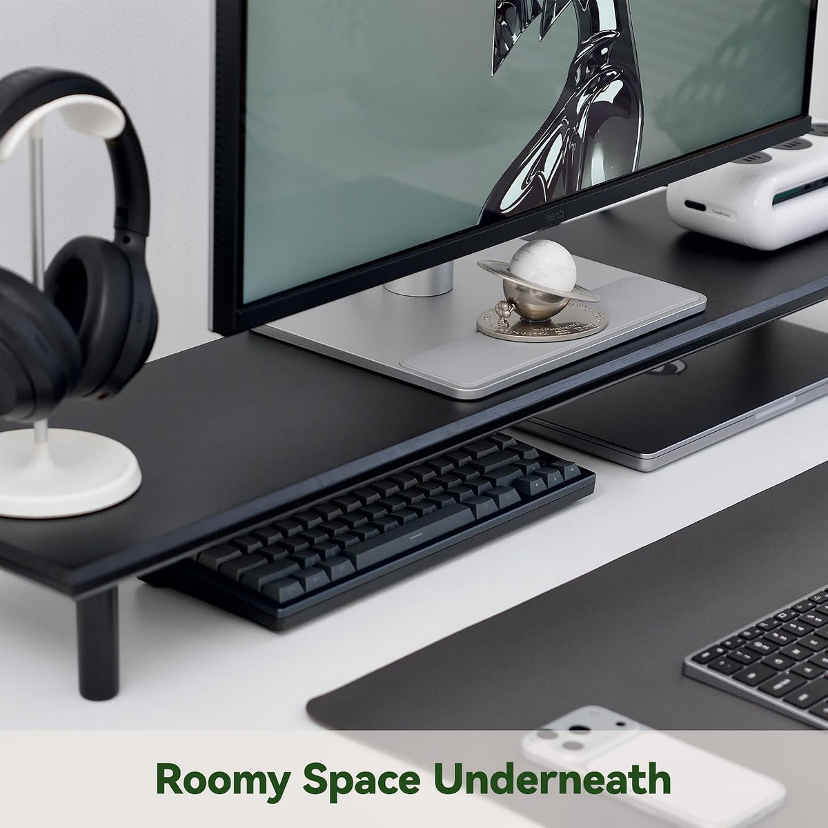 Bamboo Dual Monitor Stand Riser, Black Desk Shelf with Storage