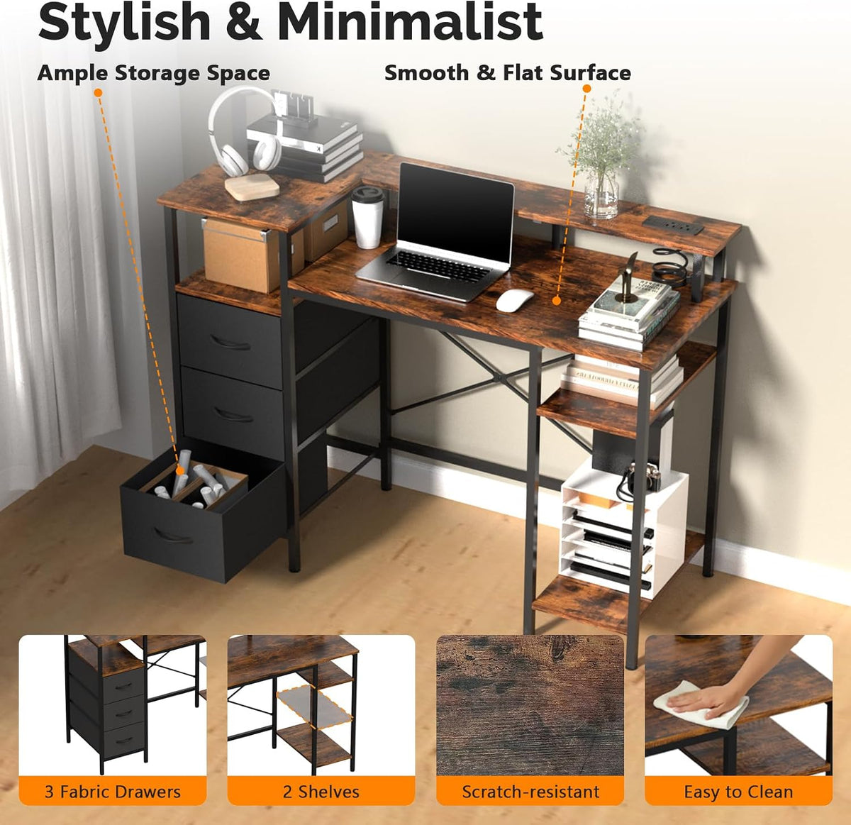 VINGLI 47" L-Shaped Gaming Desk, Fabric Drawers, Storage Shelves
