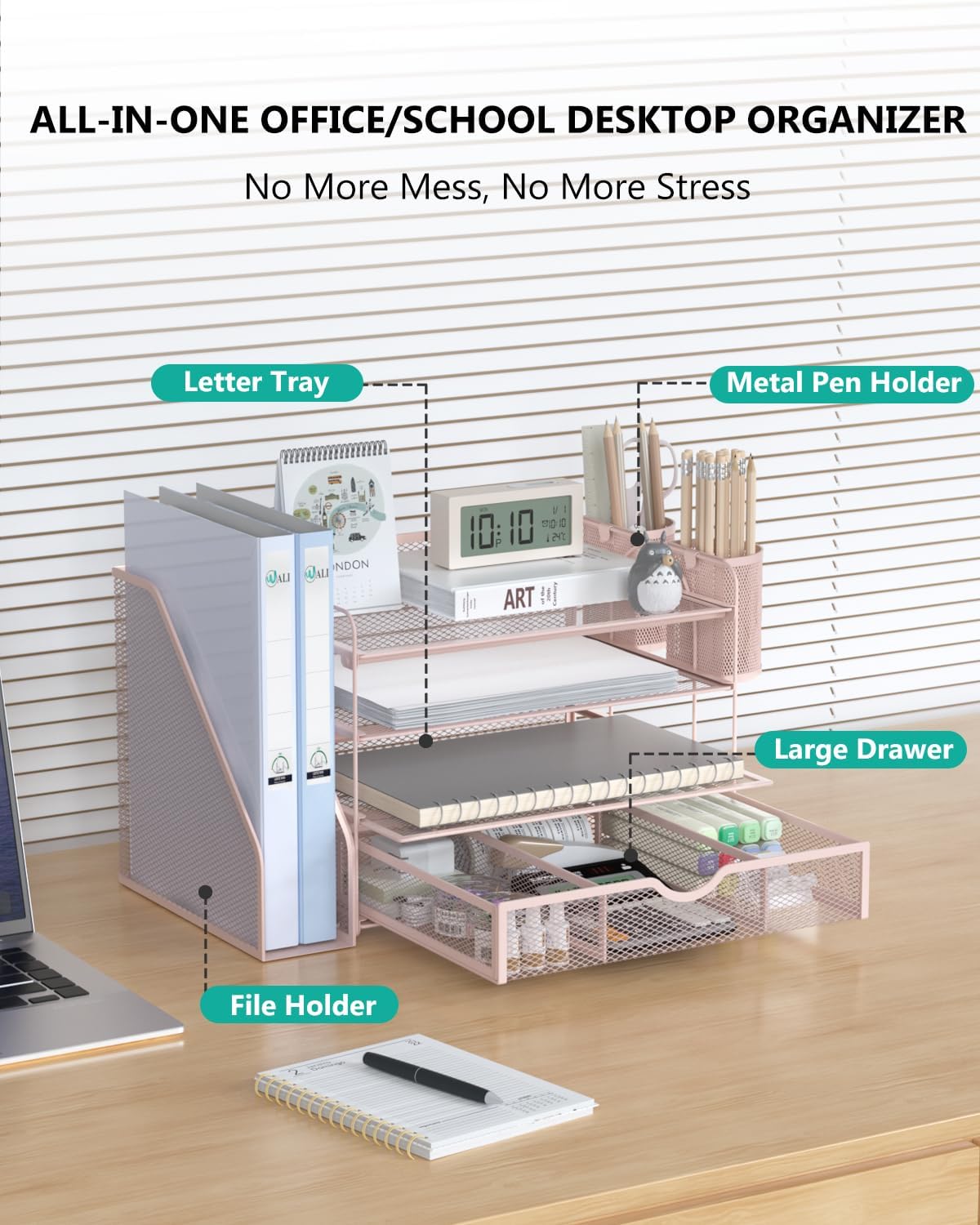 WALI Desk File Organizer, 4 Tier Desktop Paper Letter Tray Organizer with Dra...