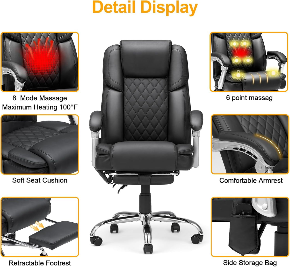 HOMREST Heated Massage Executive Office Chair with Footrest, Black