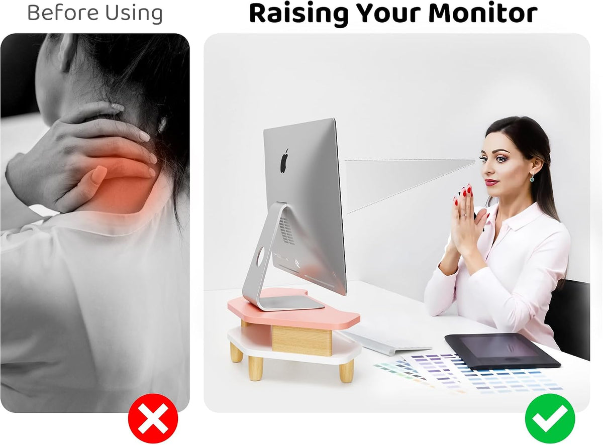 AFOOYO Monitor Stand Riser,2 Tier Corner Wood Sturdy 16.5In Computer Stand, M...