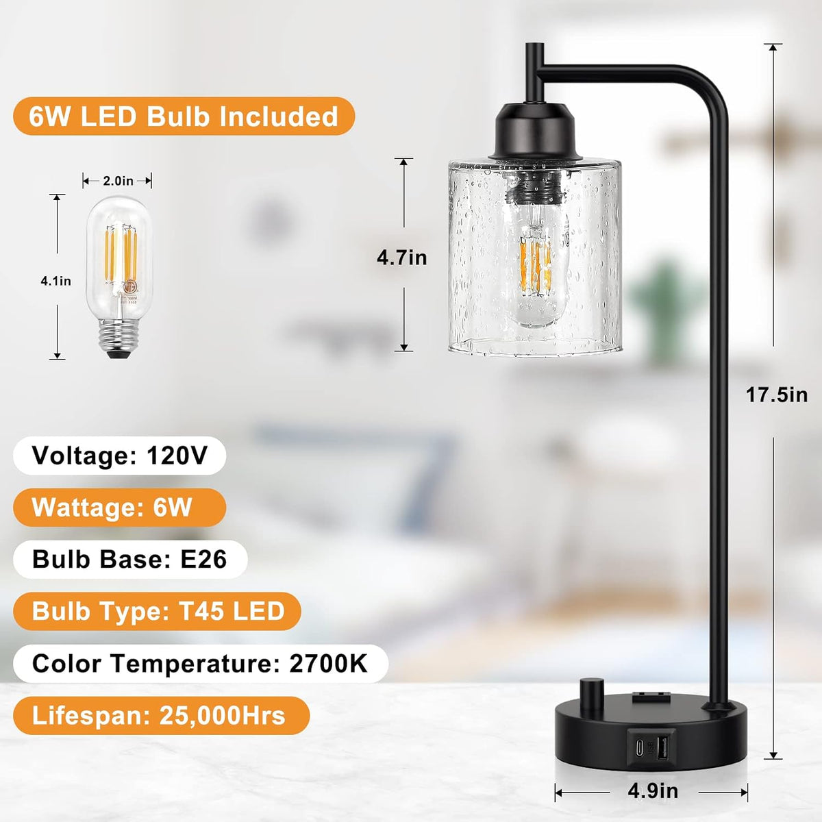 industrial desk lamp, fully dimmable small bedside table on a desk or shelf