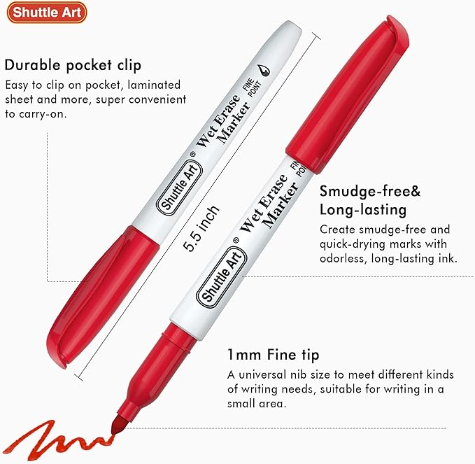 Shuttle Art Wet Erase Markers, 15 Colors 1mm Fine Tip Smudge-Free Markers - Image 4